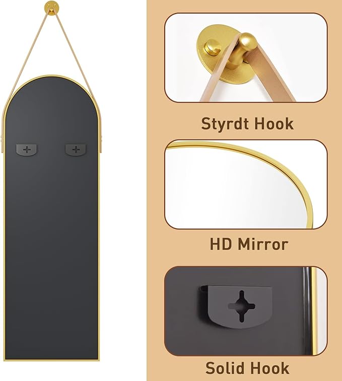 Full Length Mirror, Arched Wall Mounted Mirror, 48"x16" Door Mirrors with Hanging Leather Strap, Wall Mirrors Full Length with Aluminum Frame for Bathroom Living Room Entryway (Gold)