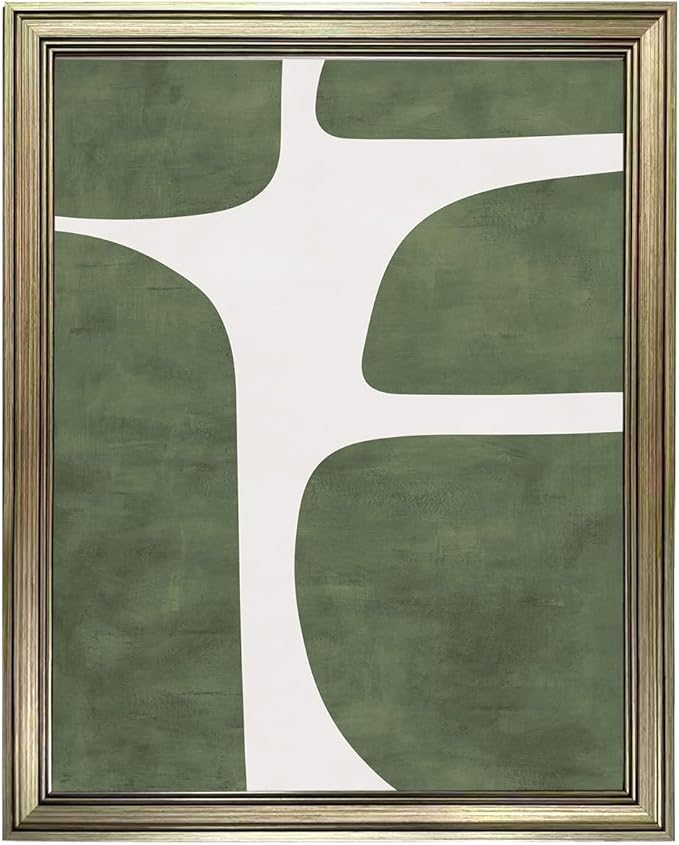 Vintage Framed Green and White Abstract Wall Art Mid Century Minimalist Contemporary Painting for Room Decor