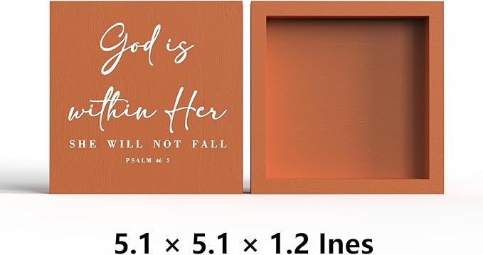 God Is Within Her Bible Verse Artwork Orange Wood Box Sign Rustic Farmhouse Style Psalm 46 : 5 Christian Wood Block Plaque 5 X 5 Inches Home Office Desk Sign Decor for Presents
