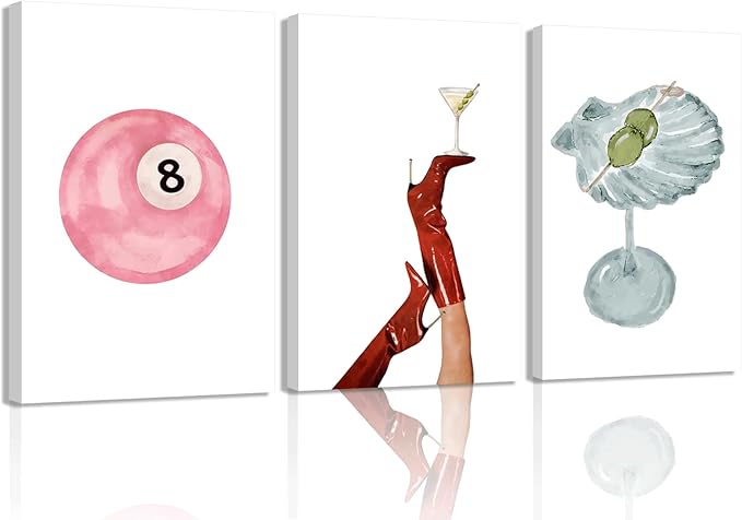 3Pcs Funky Martini Canvas Prints Wall Art,Trendy Preppy Pink Number 8-Ball Pictures Posters,Y2k Girl's Room Wall Decor for girl rooms,dorm rooms, and apartments. 12x16in Framed