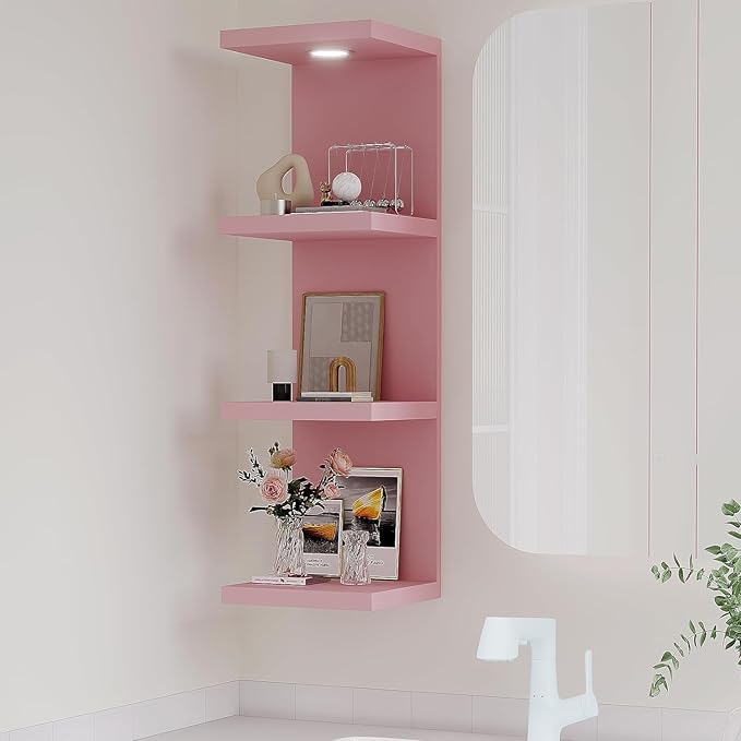 LitaEther Versatile 4 Tier Wall Shelf Unit,Pink Lack Wall Shelf,Display Floating Shelf with LED Remote Control Light