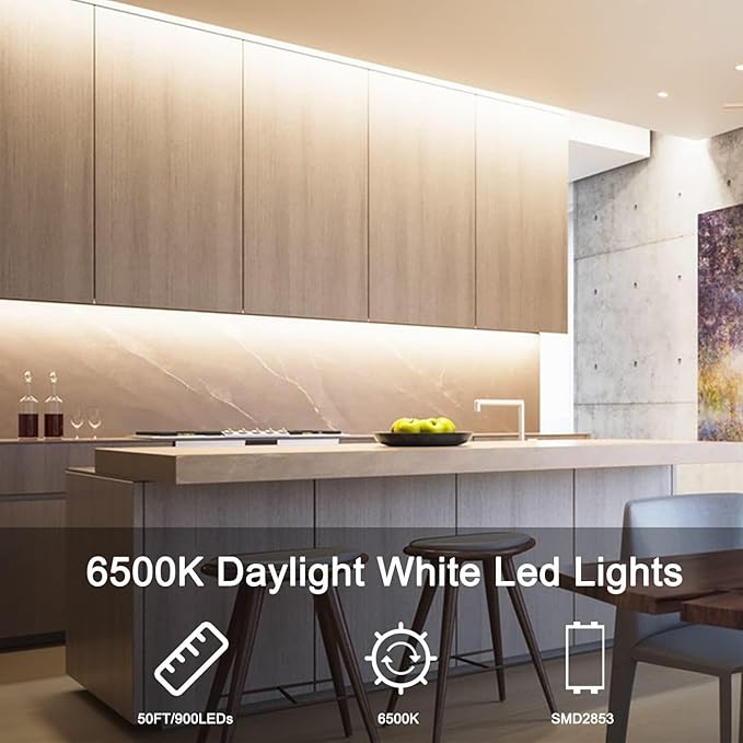 VOLIVO White LED Strip Lights, 16.4ft Dimmable LED Lights Strip 6500K Bright Daylight White, Strong Adhesive, Flexible Tape Light for Mirror, Kitchen Cabinets, Bedroom