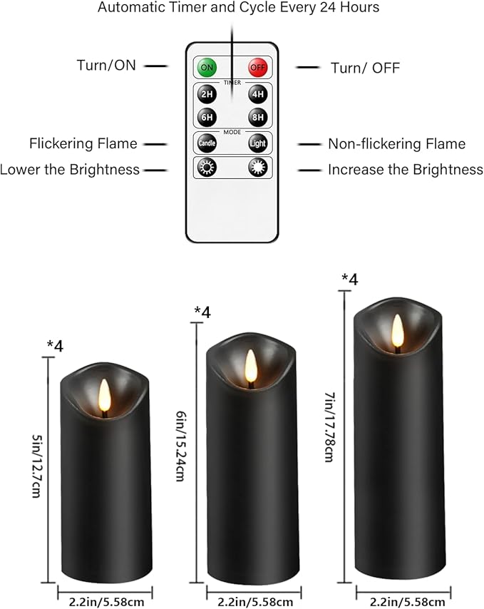 Nimiko Flameless Candles with Remote, Battery Operated Flickering Flameless Candles, LED Candles with Timer 2/4/6/8H, with Realistic LED Candles Set of 12 (D2.2 x H 5" 6" 7") (Black)