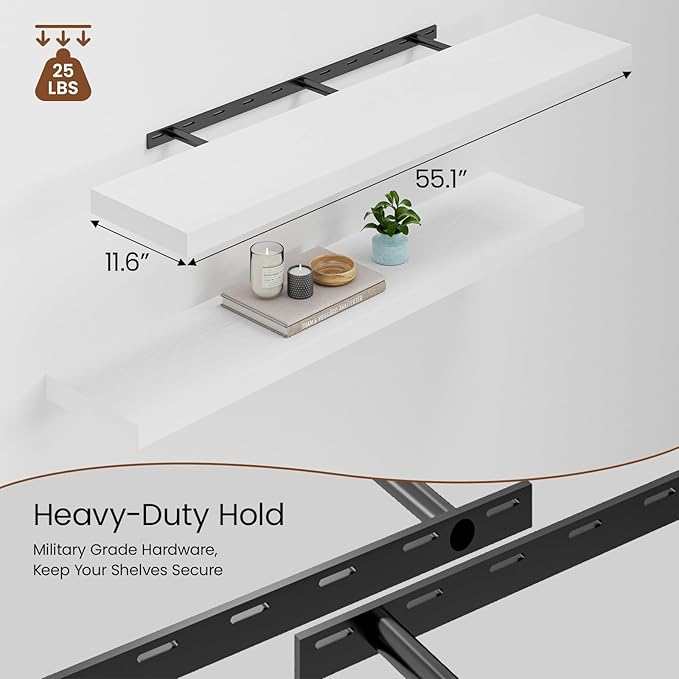 Heimlove 12inch Deep Floating Shelves for Wall, Mounted Shelves 55" W x 12" D x 1.5" H, wall Shelf for Bedroom Living Room Bathroom Kitchen Home Office, Set of 1, White