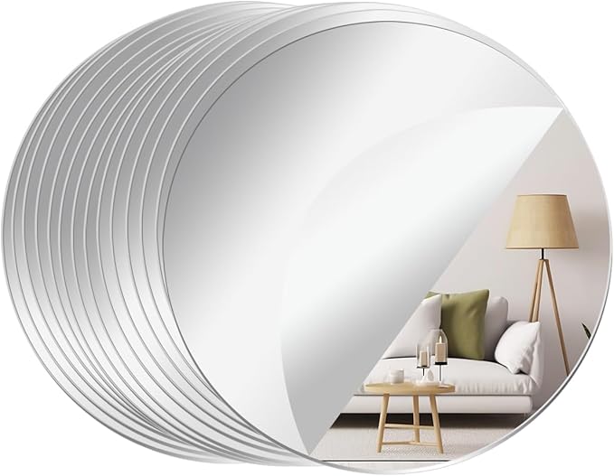 14 Pack Acrylic Round Mirrors, 10 inch Circle Mirror Tiles Self Adhesive Mirror Stickers for Wall Home Living Room Bedroom Decor, Small Mirrors for Crafts (Thickness 1 mm) (10 inch/25cm)