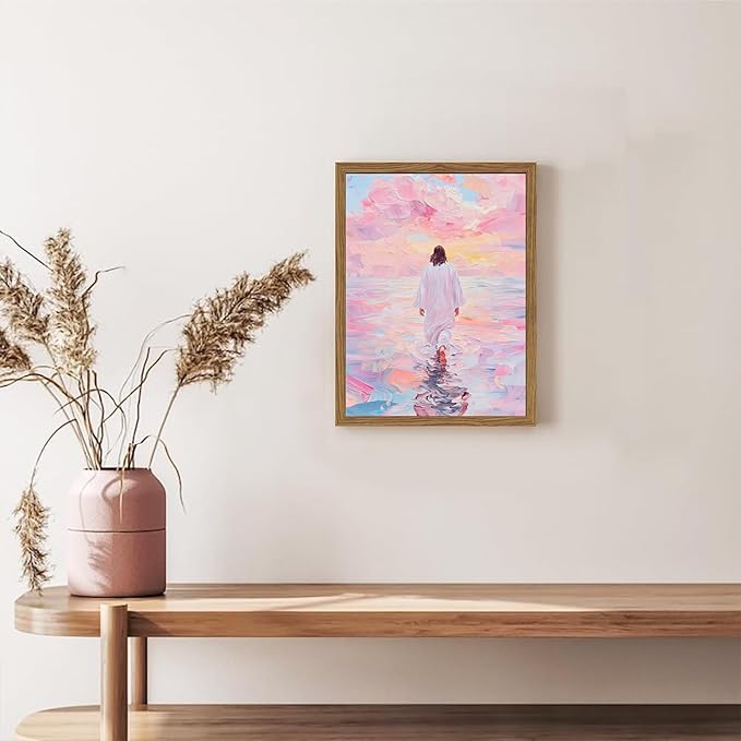 Pink Jesus Walking On Water Wall Art, Frame 3D Textured Hand Drawn Sandstone Christian Wall Decor Paintings Religious Savior Pictures for Living Prayer Room Bedroom, 16x24 in Wood Framed