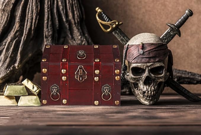 SICOHOME Large Treasure Chest 9.4“x6.9”x7“ Wooden Pirate Treasure Box with Hinged Lids, Rustic Vintage Decorative Keepsake and Jewelry Box, Trinket Storage Chest Box Christmas Ornament Storage