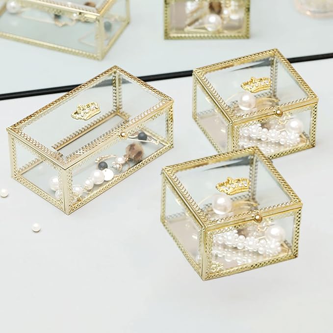 NAJMECHOY Glass Jewelry Box, Mirror Bottom with Crown Lid, Box for Makeup, Lipstick Ring Earrings, Storage Box, Gold Glass Box Ring, Bracelet Display Transparent Box (Square)