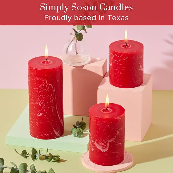 Simply Soson 3x6 inch Red Pillar Candles Set of 3, Rustic Texture, Unscented Red Candles, Dripless Candles, 3 inch Pillar Candles Ideal as Wedding, Parties, Spas, Dinner, Home Decoration, Church