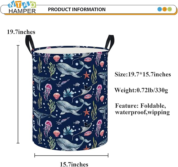 NTAOHAMPER Laundry Hamper, Laundry Basket, Nursery Hamper, Waterproof Storage Bin, Clothes Organizer Basket, Room Decor(Watercolor Ocean)