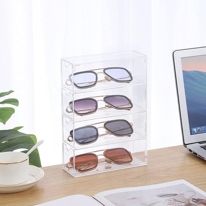 Glasses Storage Box 4 Layers Large Glasses Organizer Box Multifunctional Stackable Display Holder Reusable Acrylic Cosmetics Makeup Organizer Transparent Eyeglasses Organizer for Jewelry Sung