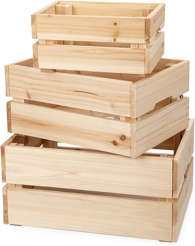 Oairse Set of 3 Rustic Wooden Storage Crates - Vintage Wood Storage Boxes with Handle for Home Organization Wooden Container Boxes Wood Baskets for Display Kitchen Pantry Cabinet, Shelf, Counter