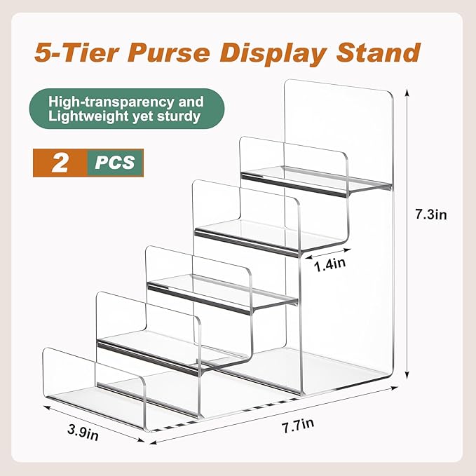 Kathfly 2 Pack Acrylic Display Stand for Purses & Wallets, Clear Riser Organizer Shelf for Perfume, Sunglasses, Cosmetics, Tiered Countertop Vendor Display for Fairs, Retail (5-tier)