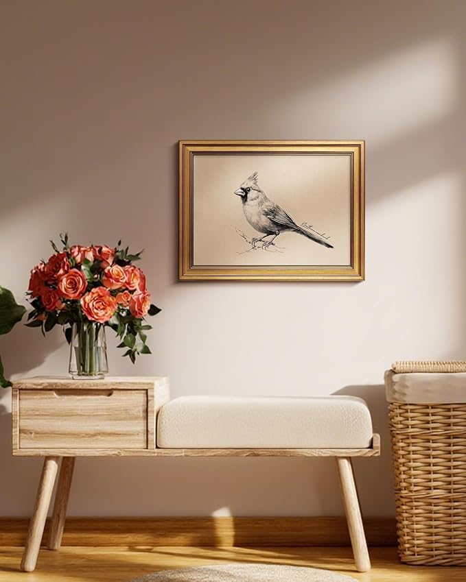 Bzstyleart Vintage Wall Art Decor, Framed Bird Wall Decor Painting for Living Room, Sketch Yili State Bird Animal Canvas Prints Home Decor Aesthetic for Bedroom Bathroom, 12L x 16W