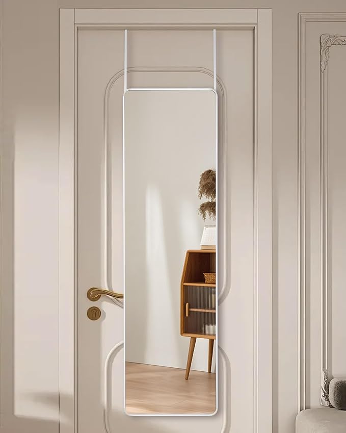 DMWOODFL 48"x14" Rounded Rectangle Over The Door Mirror - Full Length Tempered Glass & Aluminum Frame, No Drill Installation for Bedroom, Bathroom, Closet, Entryway (Silver White)