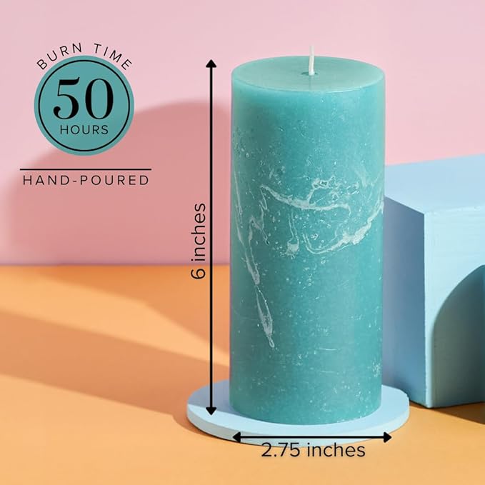 Simply Soson 3x6 inch Turquoise Unscented Pillar Candle, Set of 3 Pillar Candles, Rustic Texture, Dripless Candles, Ideal for Parties, Spa, Dinner, Home Decor, Bathroom