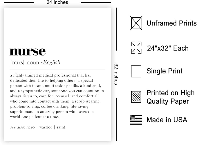 Poster Master Typography Poster - Dictionary Print - Nurse Definition, Amazing Person Who Saves the World, Hero, Saint - Gift for Friend - Wall Decor for Home, Hospital, 24x32 Unframed Wall Art