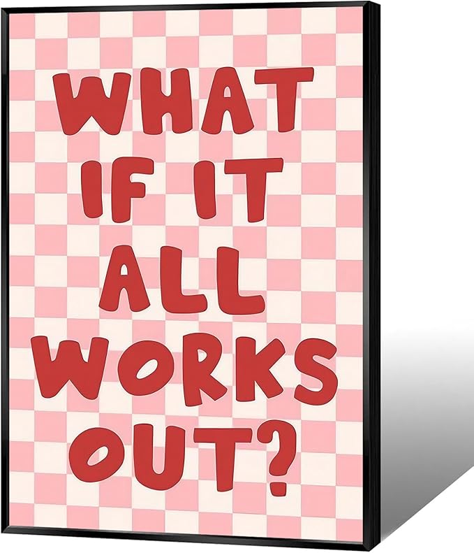 What If It All Works Out Wall Art Daily Positive Affirming Quote Posters Minimalist Pink And White Checkered Room Aesthetic Paintings For Home Bedroom Dorm Wall Decor 8x12in Unframed