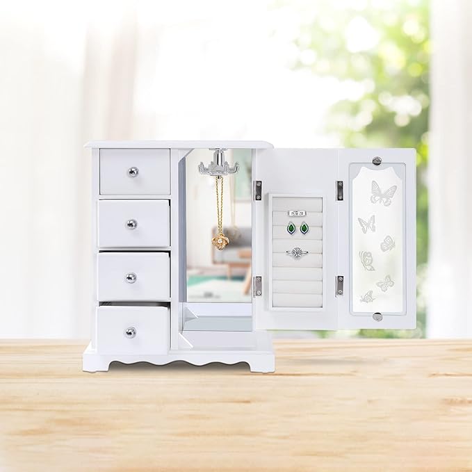 White Jewelry Box - Rotatable Hook with Large Mirror Dresser Decor - Wooden Makeup and Accessories Organizer with 4 Drawers - Wood Jewelry Case with Mirror for Necklaces, Earring, Rings