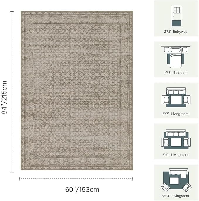 Area Rugs 5x7, Washable Rugs for Living Room, Vintage Boho Rug for Office, Dining Room, Kids Room and Farmhouse, Durable Low Pile Non-Slip Area Rug for High Traffic Areas(Apricot)