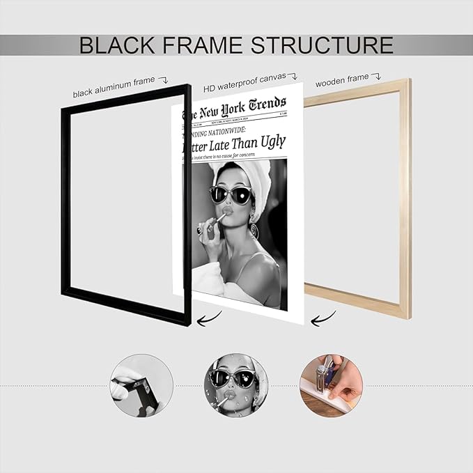 Trendy Newspaper Canvas Wall Art Black And White Better Late Than Ugly Poster Funky Feminist Painting Vintage New York Trends Aesthetic Wall Decor For Girl Dorm Room Bathroom 12x16in Framed
