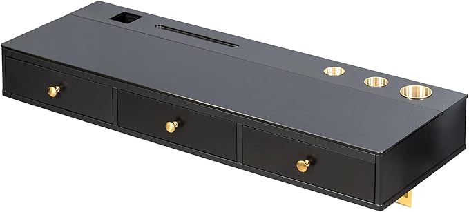 47-Inch Floating Shelf Wall-Mounted Vanity Table with Drawer, Makeup Desk, Closet Organizer, Black, MDF+Glass