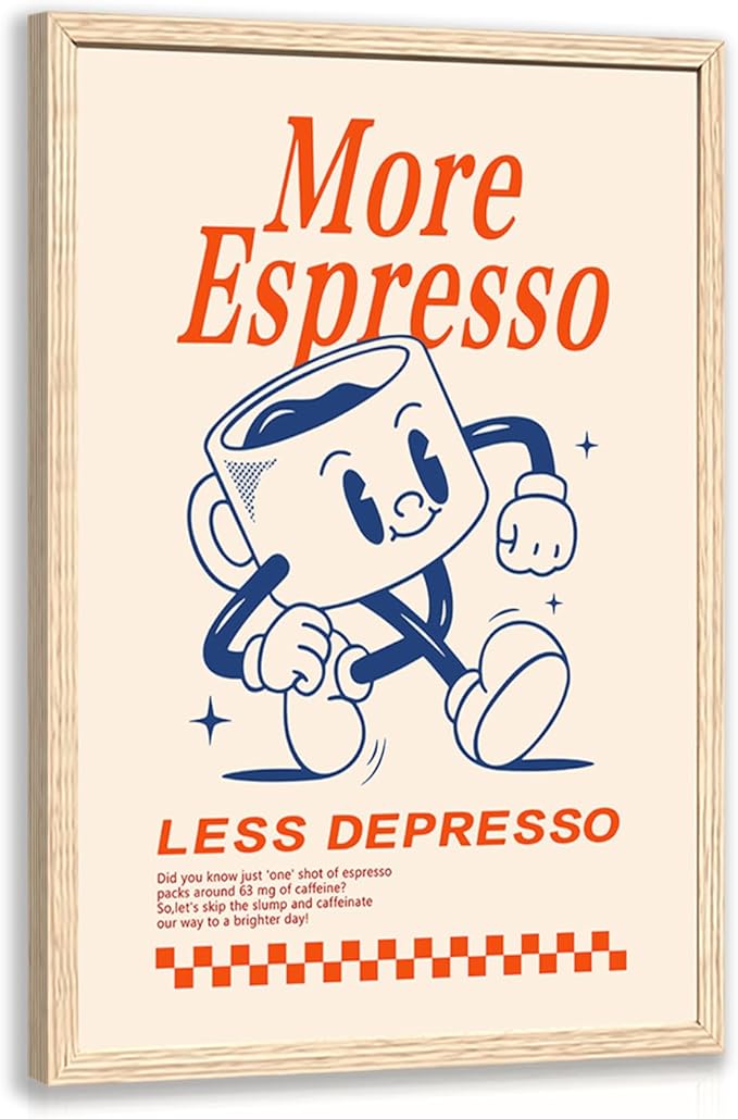 Cyebmo Funny Coffee Wall Art, Vintage Cafe Kitchen Wall Decor, More Espresso Less Depresso Art Prints, Beige Dorm Poster Print for Home Office Coffee Bar Kitchen, Wood Framed Ready to Hang 12x16 Inch