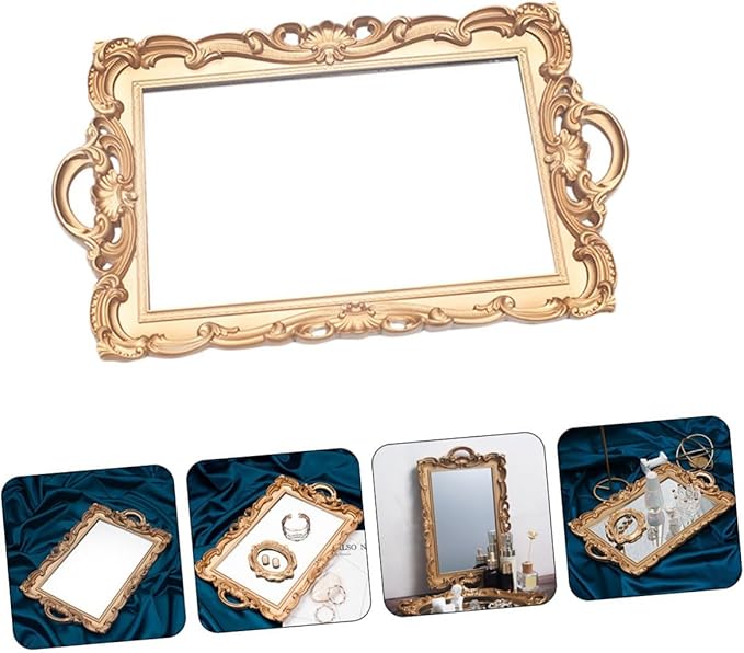Zerodeko Retro Mirror Tray Decorative Storage Plate for Cosmetics and Perfume, Golden Rectangular Vintage Makeup Organizer for Home Décor and Photography Display
