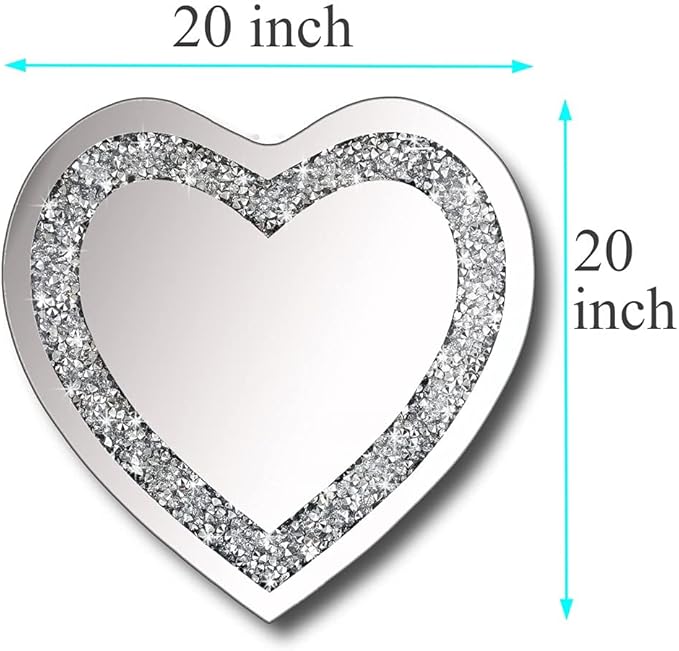 DMDFIRST Crystal Crush Diamond Heart Shaped Silver Mirror for Wall Decoration 20x20x1 inch Wall Hang Frameless Mirror Acrylic Diamond Décor.