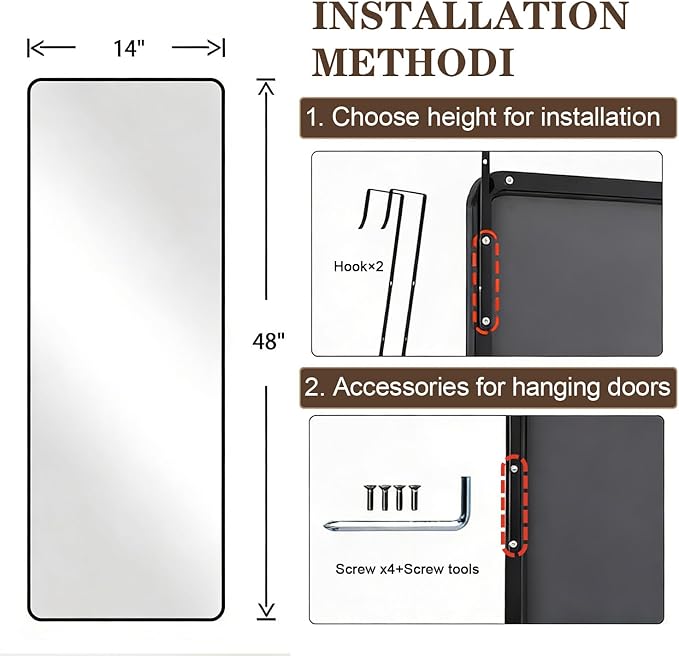 DMWOODFL 14"x48" Full Length Over The Door Mirror, Aluminum Alloy Frame Full Body Mirror with Height-Adjustable Hangers, Hanging Leaning Against Wall for Dorm Bathroom, Bedroom, Entryway Decor(Black)