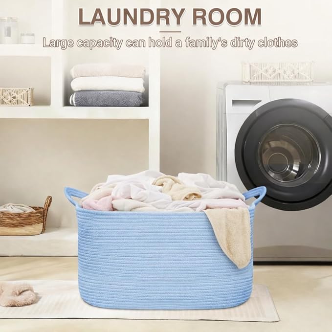 YOUDENOVA Nursery Storage Basket，21.6''×14.9''×11.8'' Rectangle Cotton Rope Blanket Basket, Nursery Laundry Hamper for Organizing，Toy Basket for Living Room, Bedroom