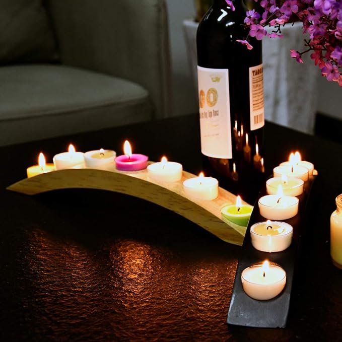 Wooden Tea Light Candle Holder Bar, Bridge Candle Holder Tray - 7 Holes - Natural Wood Color