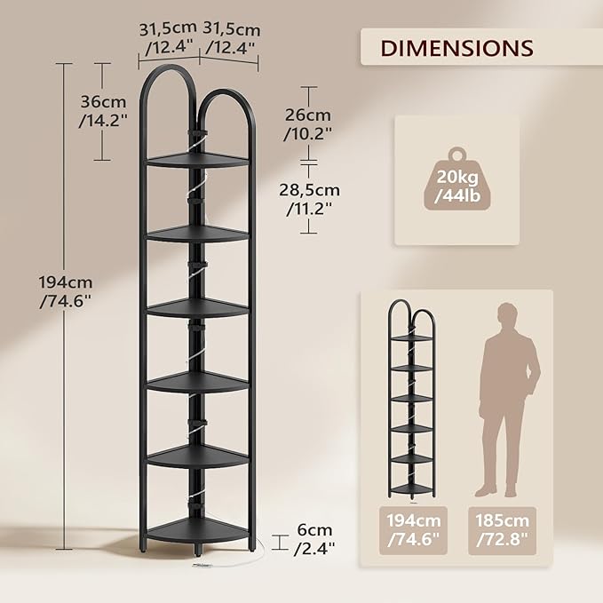 MAHANCRIS 6 Tier Corner Shelf with LED Light, 74.6'' Tall Corner Bookshelf Stand, Narrow Display Bookcase with Storage Rack for Wall Corner, Living Room, Bedroom, Small Spaces, Black CSBK66101