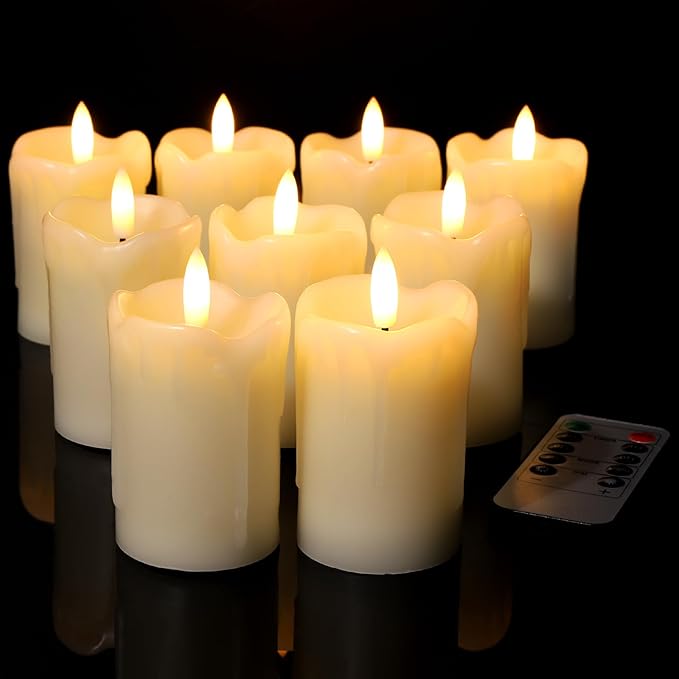 YOROXRG 9 Pack Flameless Votive Candles with Timer Remote,2" x 3" Real Wax, Realistic Black Wick Battery Operated Pillar Candles for Wedding, Party and Holiday Decoration