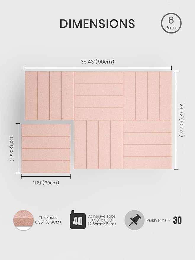 Bumusty Large Cork Board Alternative-36 x 24" Felt Bulletin Board Tiles, with 30 Pushpins, 40 Adhesive Tabs, Bold-Stripe 6-Pack, Cork Boards for Office Push Pin Board Felt Board-Pink