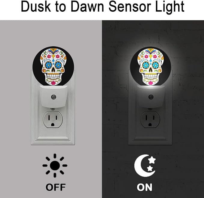 Skull Skeleton Head Halloween Dia De Los Muertos Night Light Plug Into Wall Auto Led Sleep Round Lamp for Living Room Hallway Stairs
