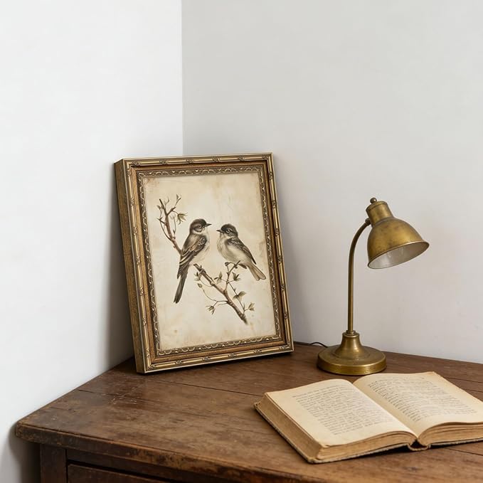 Vintage Gold Framed Wall Art Neutral Summer Bird Wall Art Vintage Botanical Birds Nature Wall Decor Picture Rustic Cottage Gallery Poster Print for Living Room Bedroom 12x16in