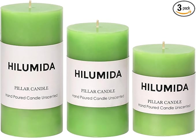 Green Pillar Candles Set of 3 - Spring Green Candles Decorations, Hand-Poured Unscented Candle, Smokeless Decorative Candle for Home, Set of 3 in Different Sizes (4", 5", 6")