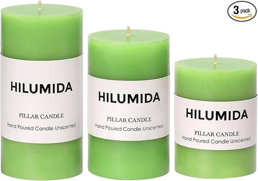 Green Pillar Candles Set of 3 - Spring Green Candles Decorations, Hand-Poured Unscented Candle, Smokeless Decorative Candle for Home, Set of 3 in Different Sizes (4", 5", 6")