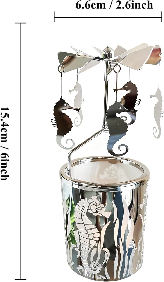 Metal Rotary Candle Holder Spinning Windmill Tea Light Carousel Decor for Home & Gifts (Silver Seahorse)
