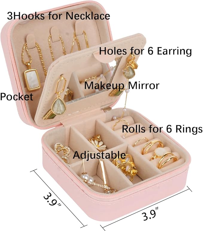 OceeK Travel Jewelry Case Box with Mirror,Travel Jewelry Box Organizer Holder Stocking Stuffers,Pink,1 Pack