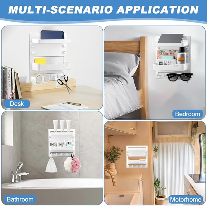 Bedside Shelf Wall Mount and Wall Nightstand for Bedroom,Adhesive Nightstand Wallshelf with 5 Hooks,Wall Mount Shelf Organizer for Charging Station and Remote Control Holder(White)