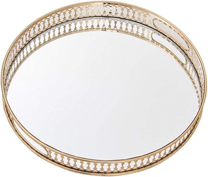 Vintage Gold Mirror Tray,Round Shape(12.6in) Ornate Geometric Brass Plated and Glass Display Storage Organizer,Jewelry Perfume Makeup Organizer Tray, for Dresser, Bathroom, Bedroom