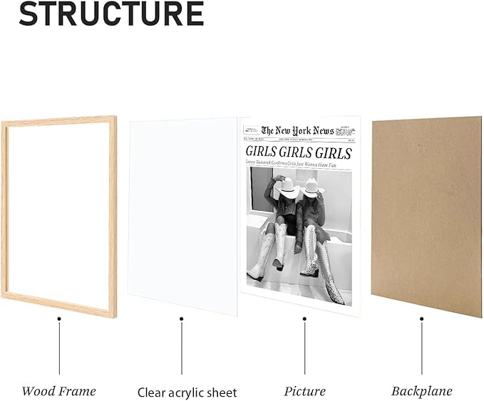 Bwodke OAK Wood Framed Wall Art Girls Just Wanna Have Fun Canvas Art Vintage Newspaper Pictures Western Wall Decor Trendy Cowgirl Prints Black and White Artwork for Girly Dorm Bedroom 12"x16"