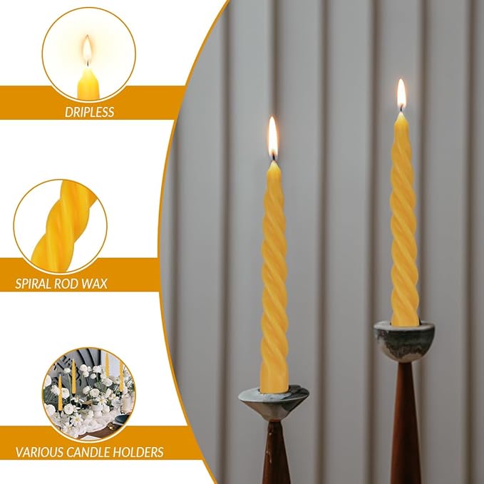 Beeswax Taper Candles Set of 10, Spiral Taper Candle Dripless Short Candle Sticks for Dinner Wedding Party Christmas Home Decorations - 7 Inch Tall - Yellow