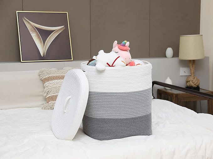 16”x16”x20” Rectangular Extra Large Storage Basket with Lid, Cotton Rope Storage Baskets, Laundry Hamper, Cloth Bin, for Clothes Towels Blankets Storage in Living Room, Light Grey/Grey