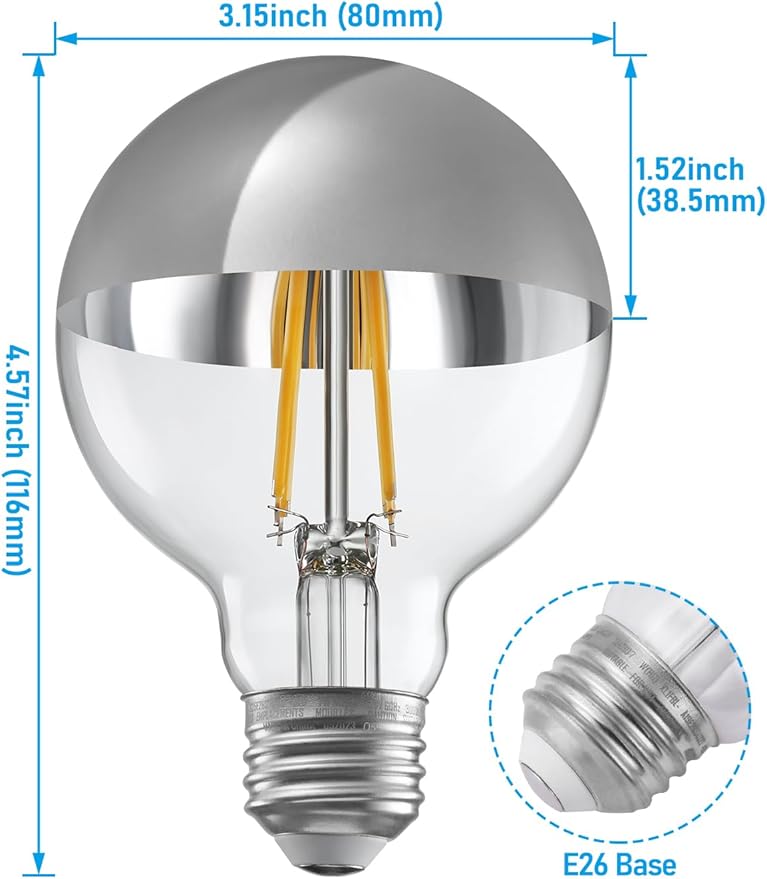 TORCHSTAR Dimmable Half Chrome Light Bulb, 7W (75W Eqv.), Anti Glare LED Light Bulbs, UL Listed, E26 Silver Dipped Bulb, G25 Globe Light Bulbs for Bathroom, Vanity, Mirror, 3000K Warm White, Pack of 3