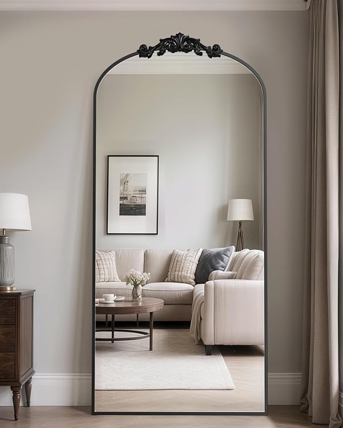 Antok Arched Full Length Mirror, 71"x32" Floor Mirror with Carved, Full Body Mirrors for HomeDecor, Standing/Halling Large Wall Mirror for Bedroom, Living Room, Cloakroom, Black, Retro Style