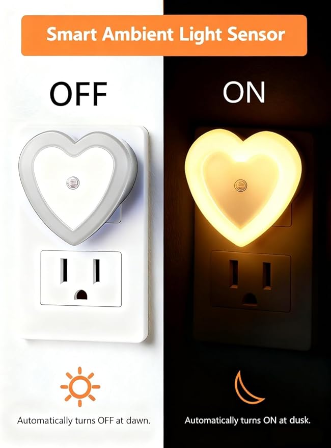 LED Night Lights Plug in(2-Pack), Dusk to Dawn Sensor Auto-On/Off, Heart Shaped Nightlight 0.5W for Bedroom, Bathroom, Kids Room, Hallway, Toilet(Warm White)