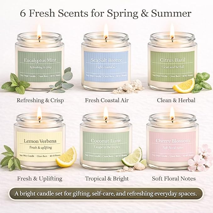 PELN Scented Candles for Women, Spring Summer 6 Pack Soy Wax Aromatherapy Candles, Lemon Verbena, Coconut Lime, Sea Salt Breeze, Citrus Basil, Eucalyptus Mint & Cherry Blossom